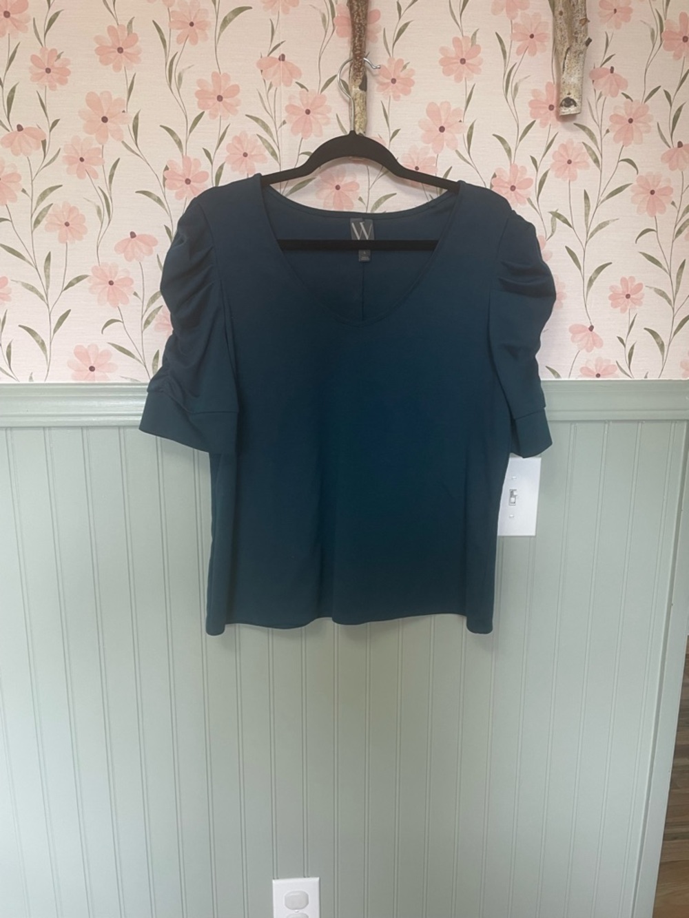 Worthington Teal V-Neck Puff Sleeve Short Sleeve Top
